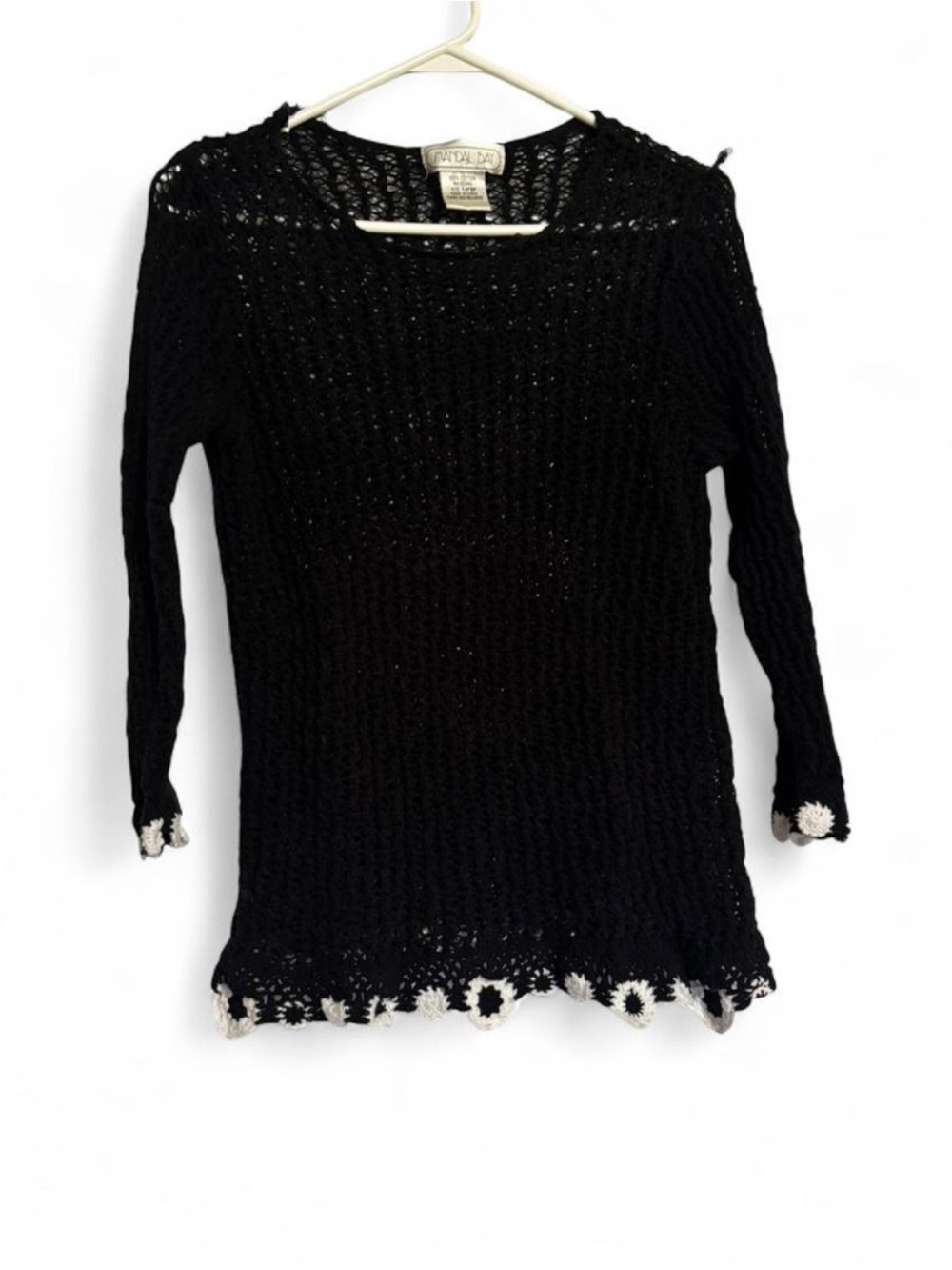 Vintage Mandal Bay Granny Cottagecore Black Eyelet Trim Sweater L